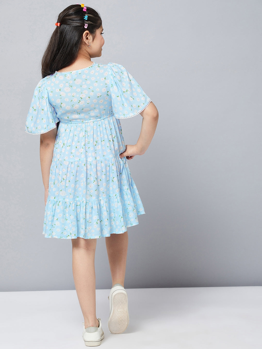 Girls Knee Length Printed Dress - Blue