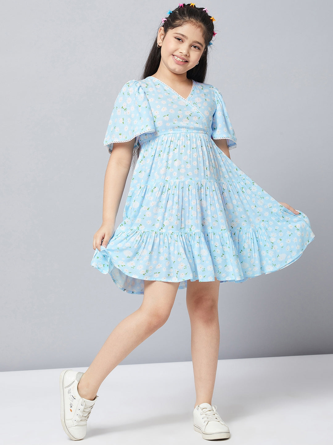 Girls Knee Length Printed Dress - Blue
