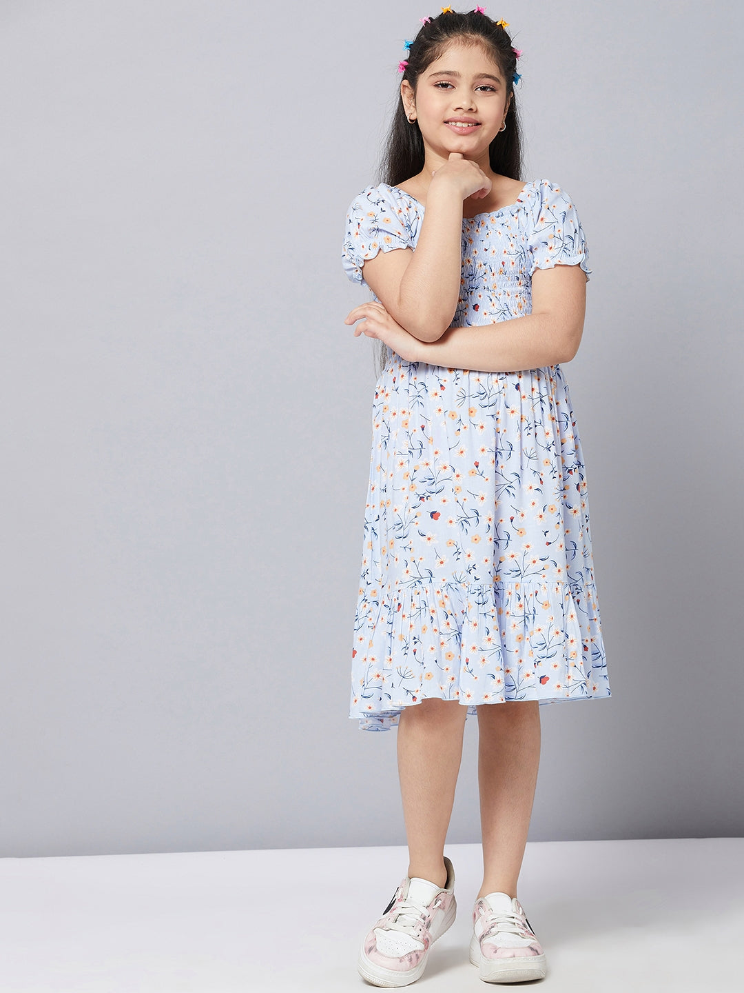 Girls Knee Length Printed Dress - Blue