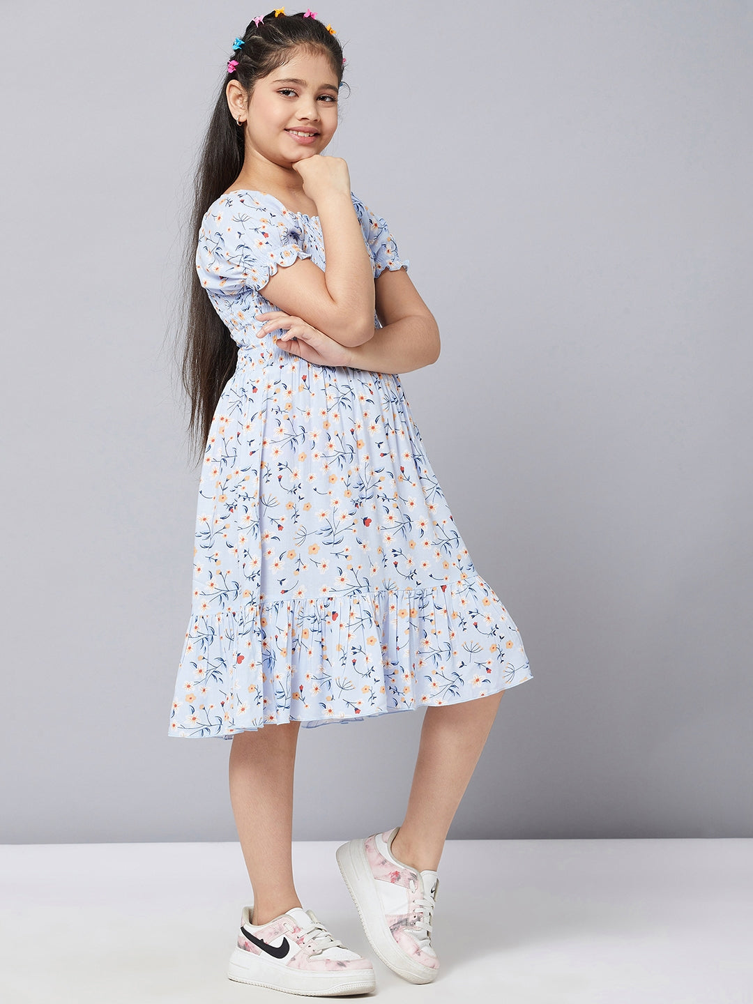 Girls Knee Length Printed Dress - Blue