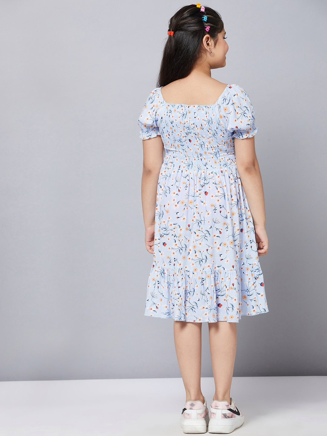 Girls Knee Length Printed Dress - Blue