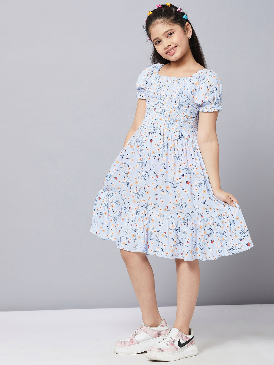 Girls Knee Length Printed Dress - Blue