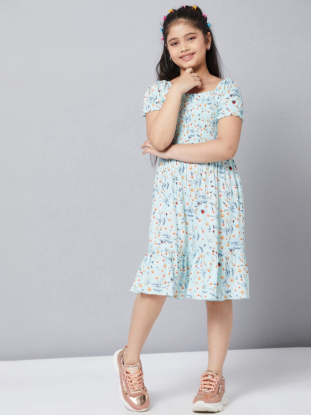 Girls Knee Length Printed Dress - Green