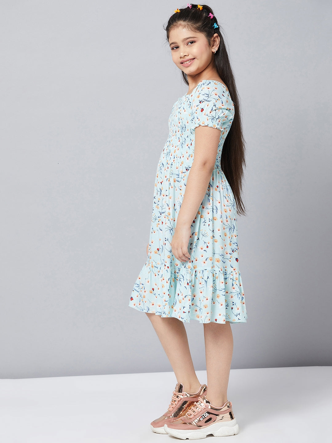 Girls Knee Length Printed Dress - Green