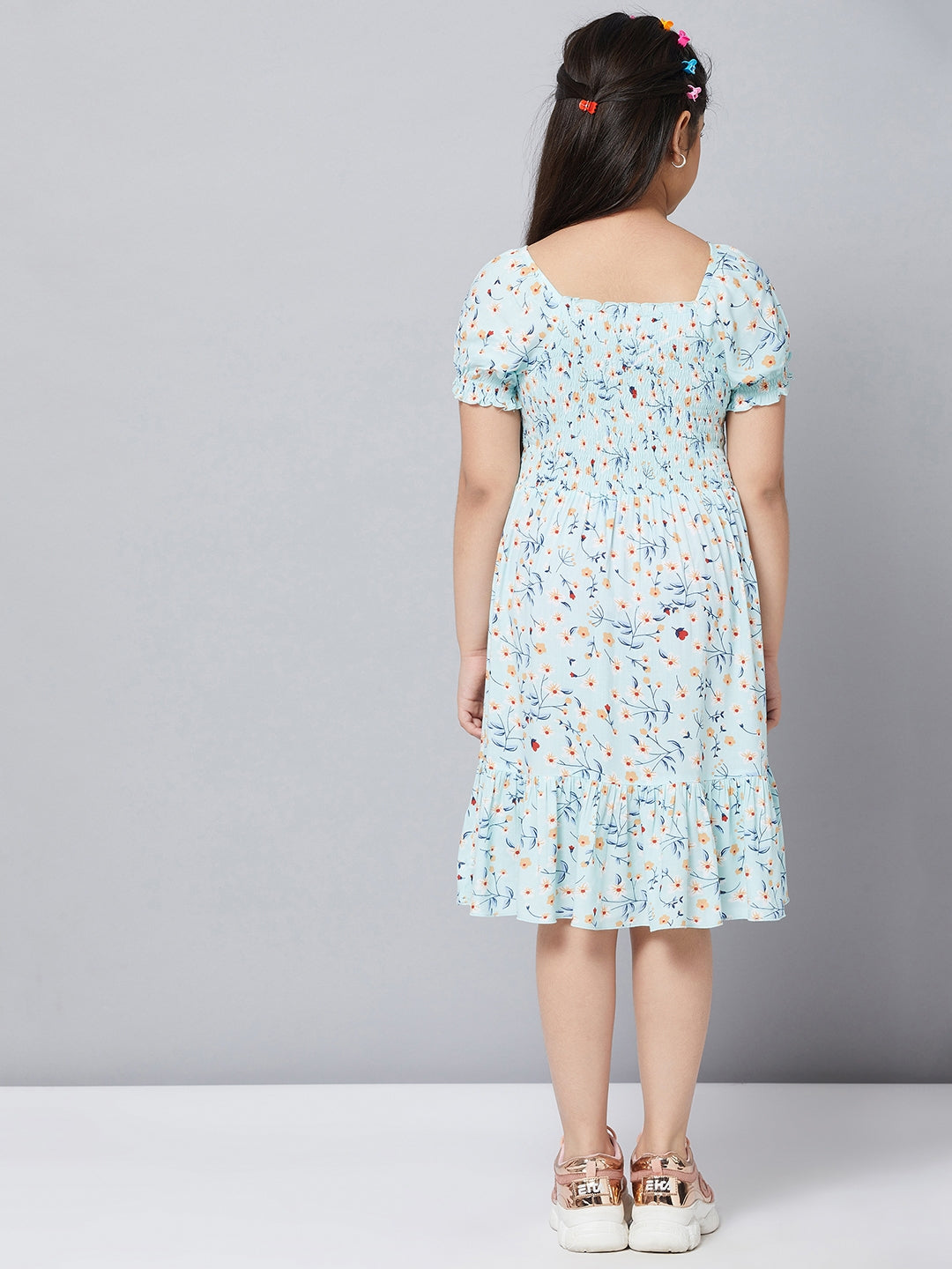 Girls Knee Length Printed Dress - Green