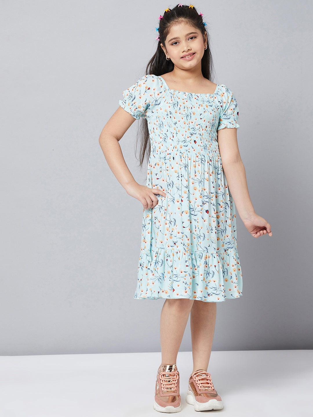 Girls Knee Length Printed Dress - Green