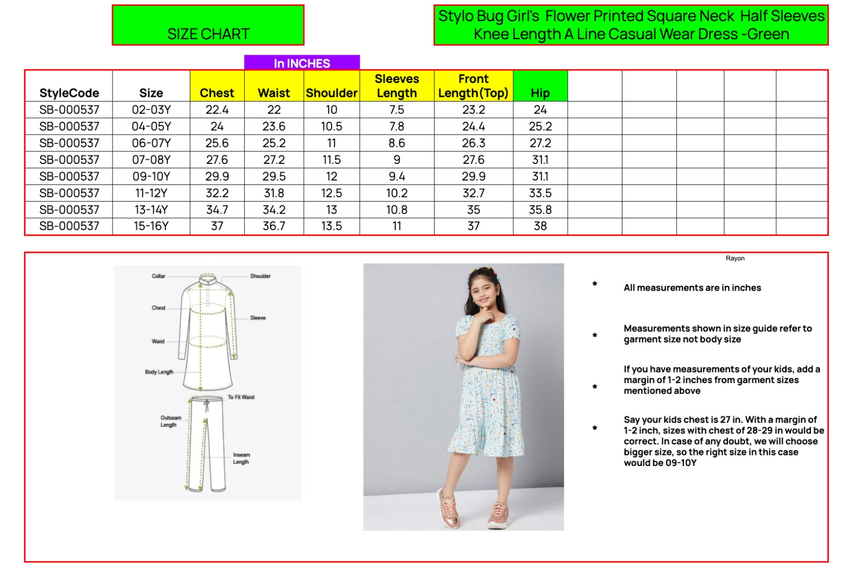 Girls Knee Length Printed Dress - Green