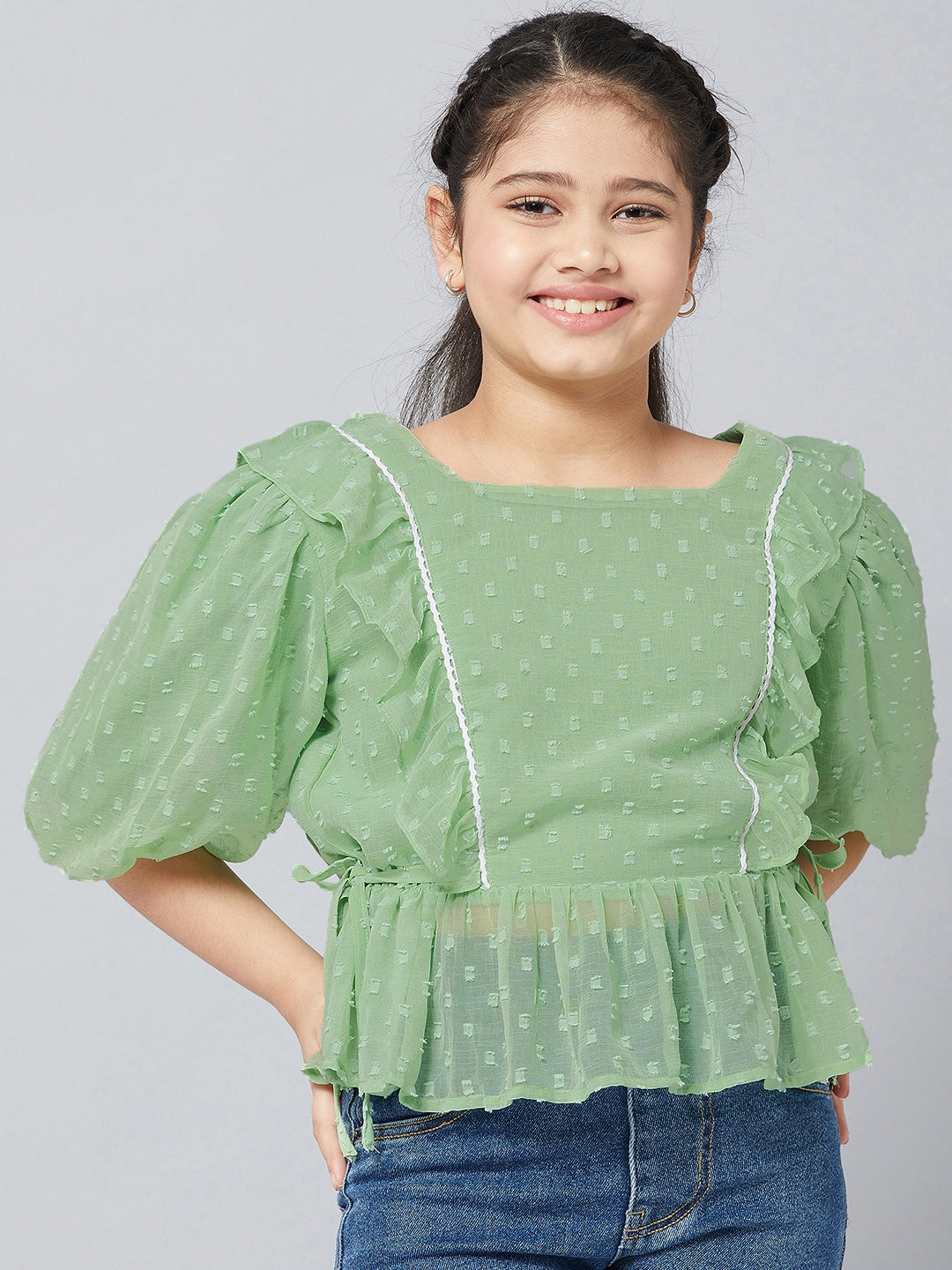 Girls Waist Length Solid Top - Green