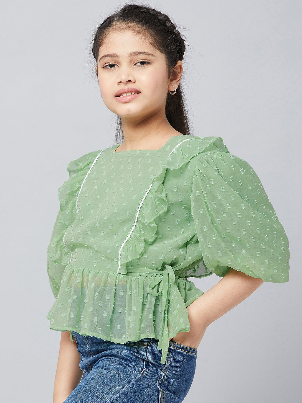 Girls Waist Length Solid Top - Green