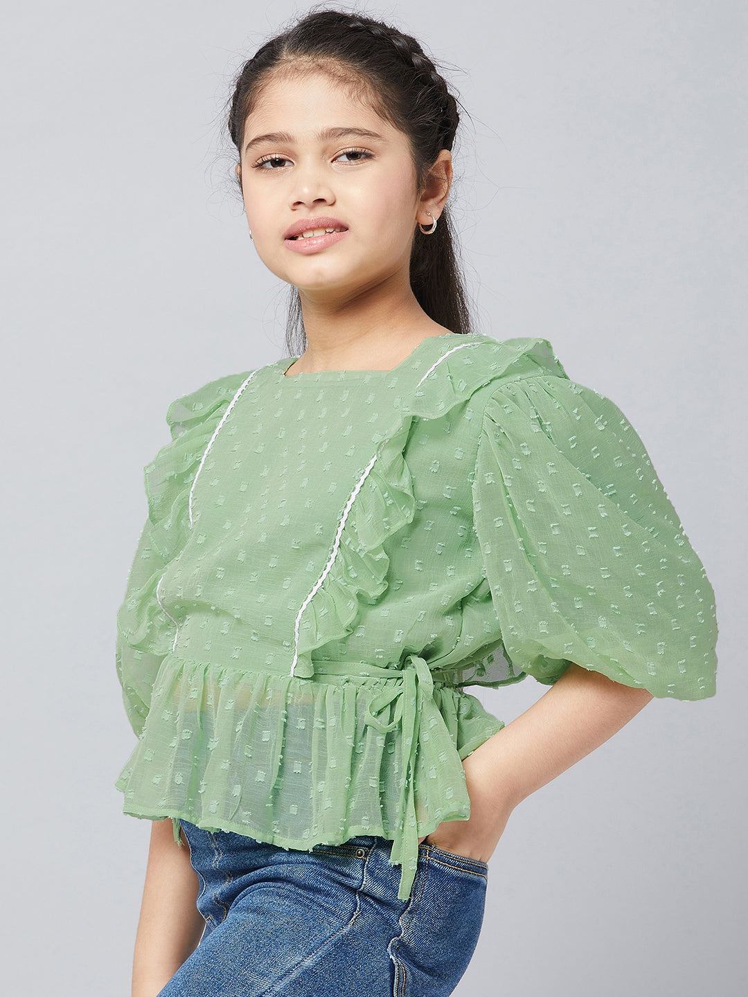 Girls Waist Length Solid Top - Green