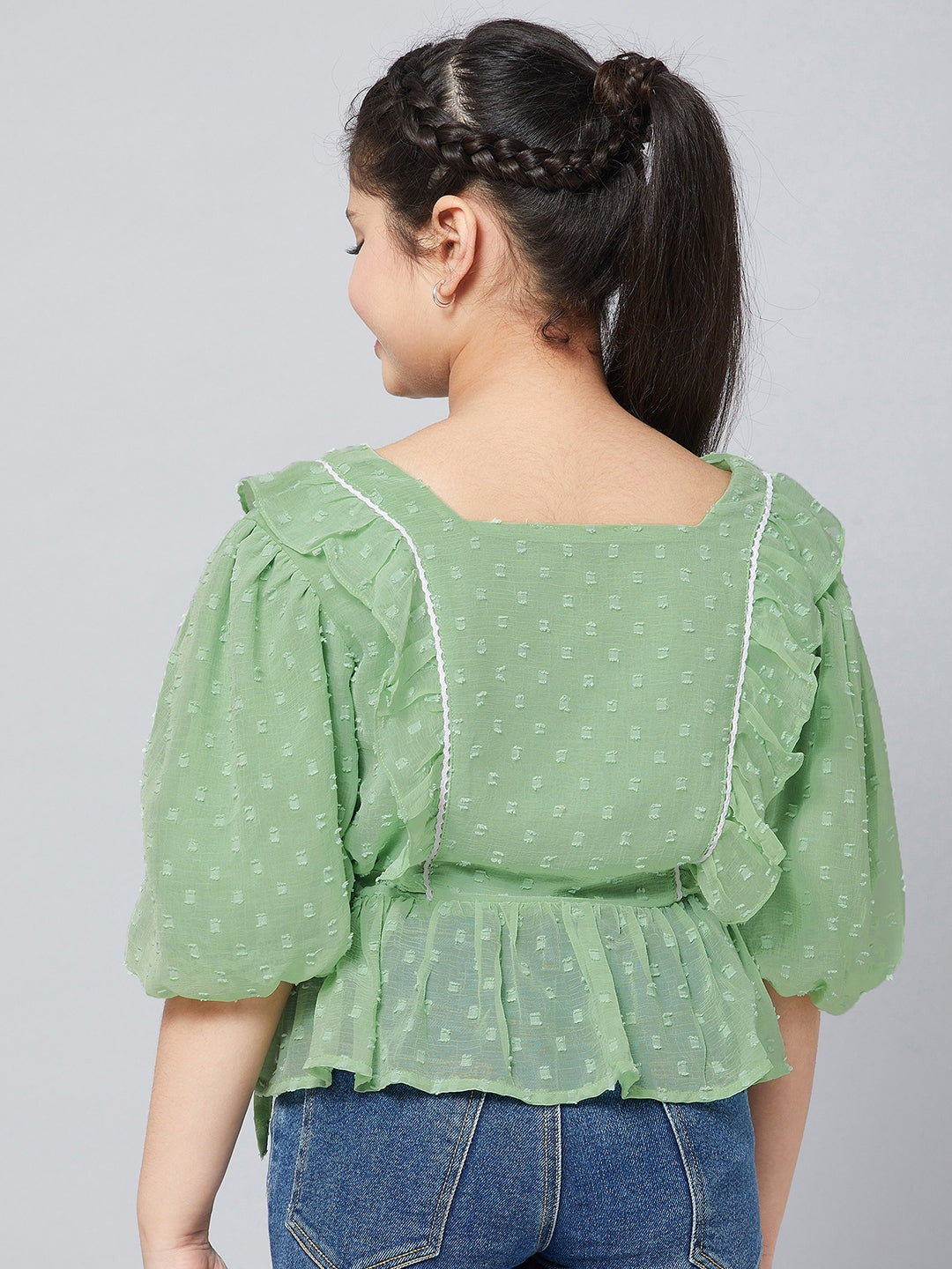 Girls Waist Length Solid Top - Green
