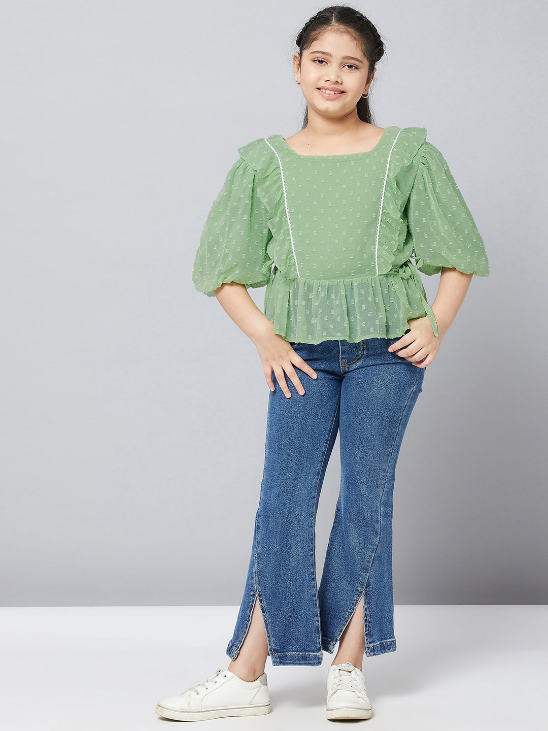 Girls Waist Length Solid Top - Green