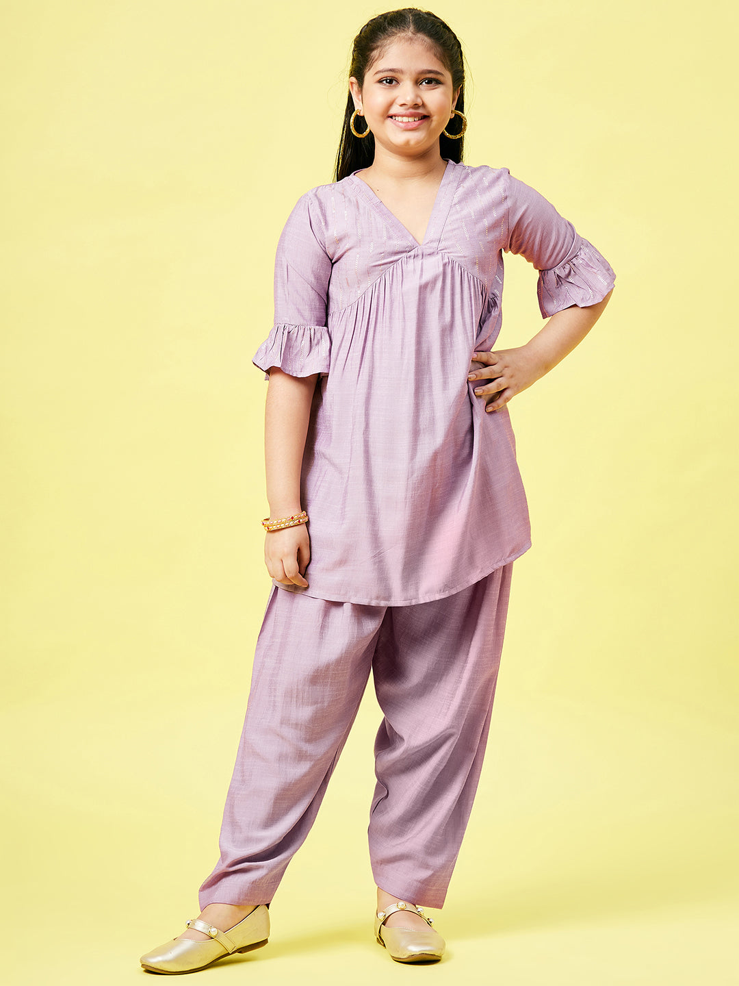 Girls Ankle Length Printed Kurti Set - Purple