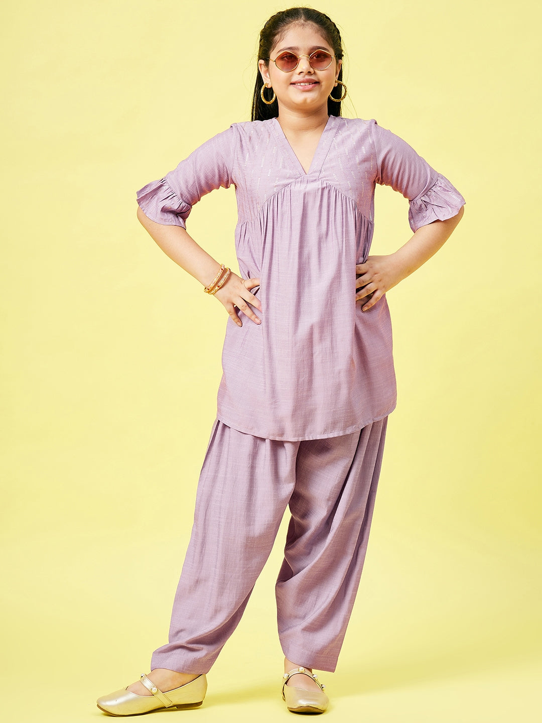 Girls Ankle Length Printed Kurti Set - Purple