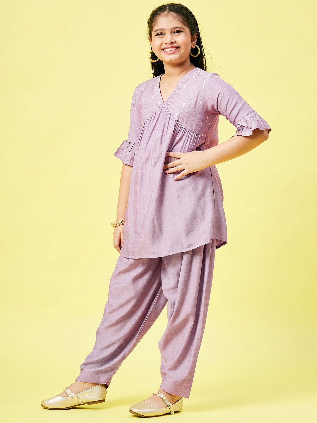 Girls Ankle Length Printed Kurti Set - Purple