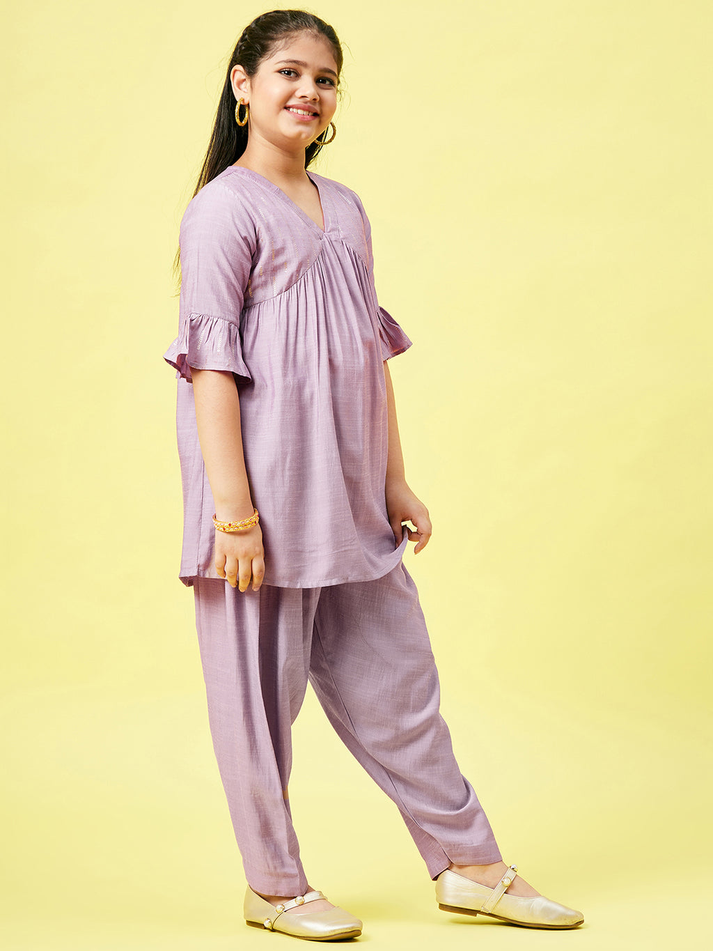 Girls Ankle Length Printed Kurti Set - Purple