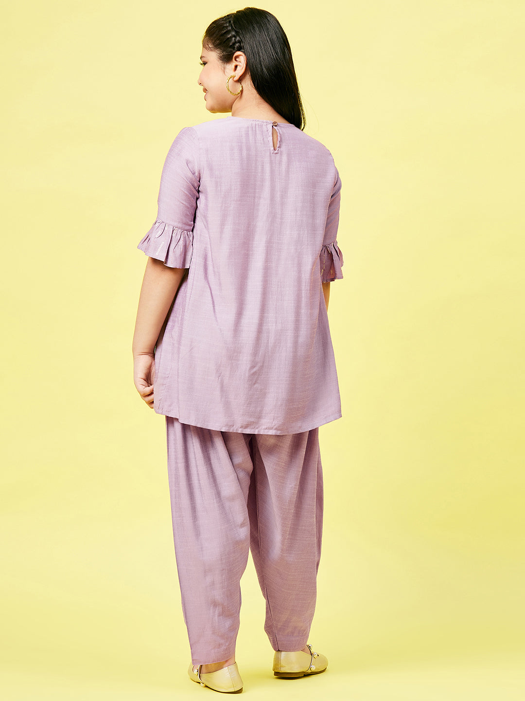 Girls Ankle Length Printed Kurti Set - Purple