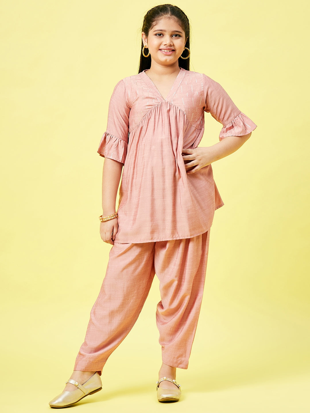Girls Ankle Length Printed Kurti Set - Peach