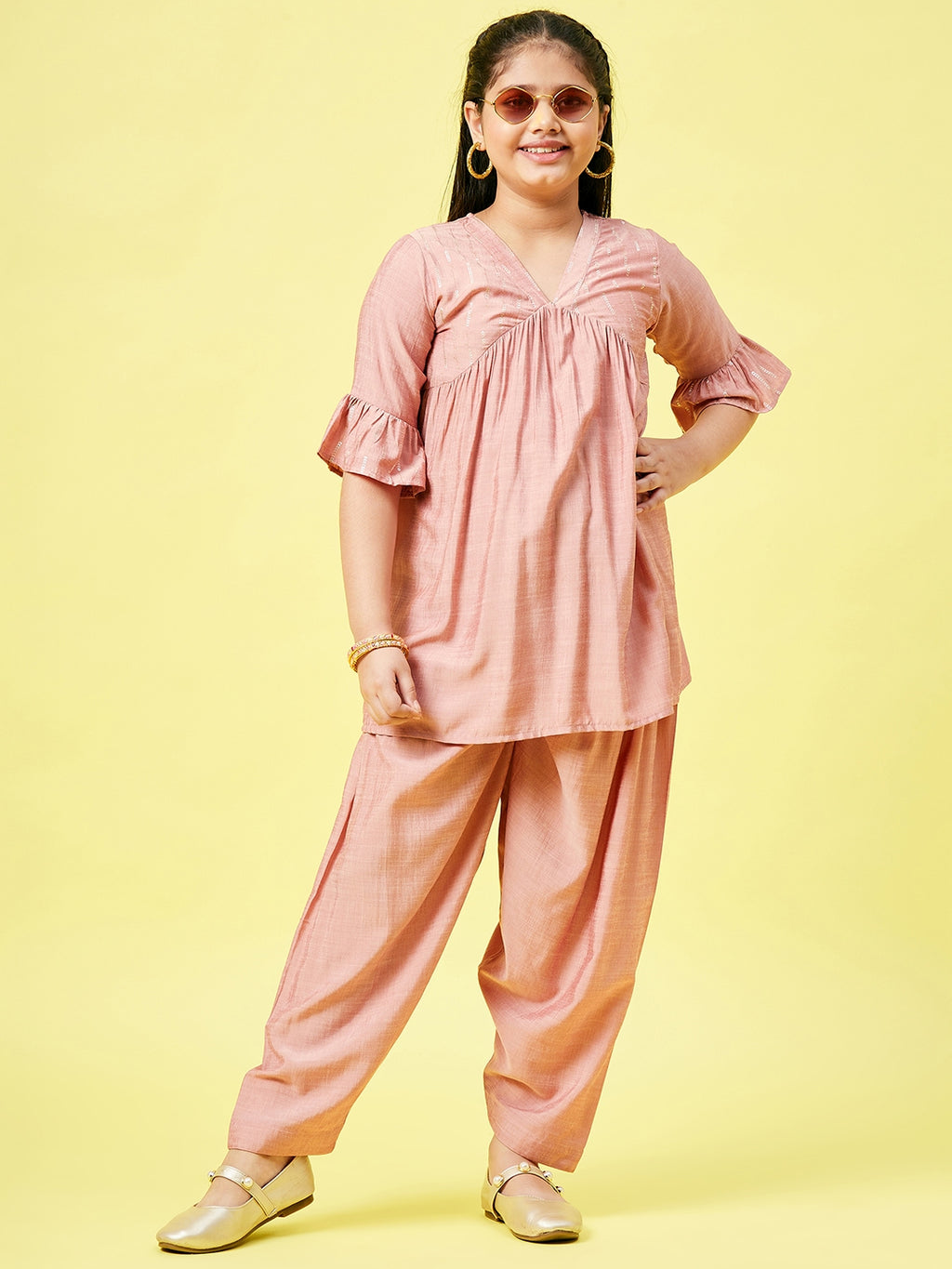 Girls Ankle Length Printed Kurti Set - Peach