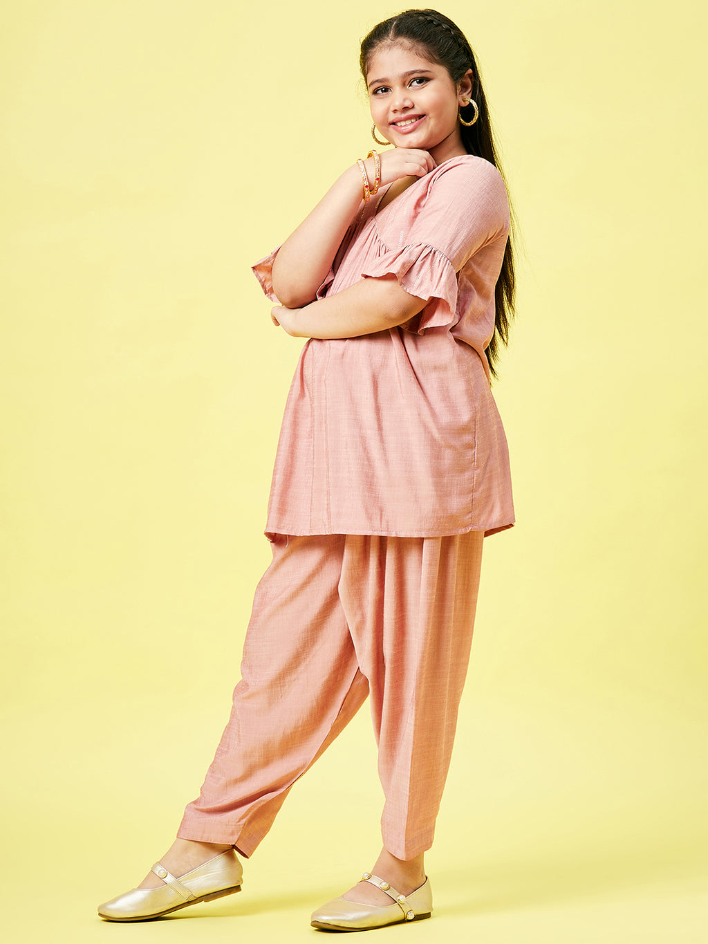 Girls Ankle Length Printed Kurti Set - Peach