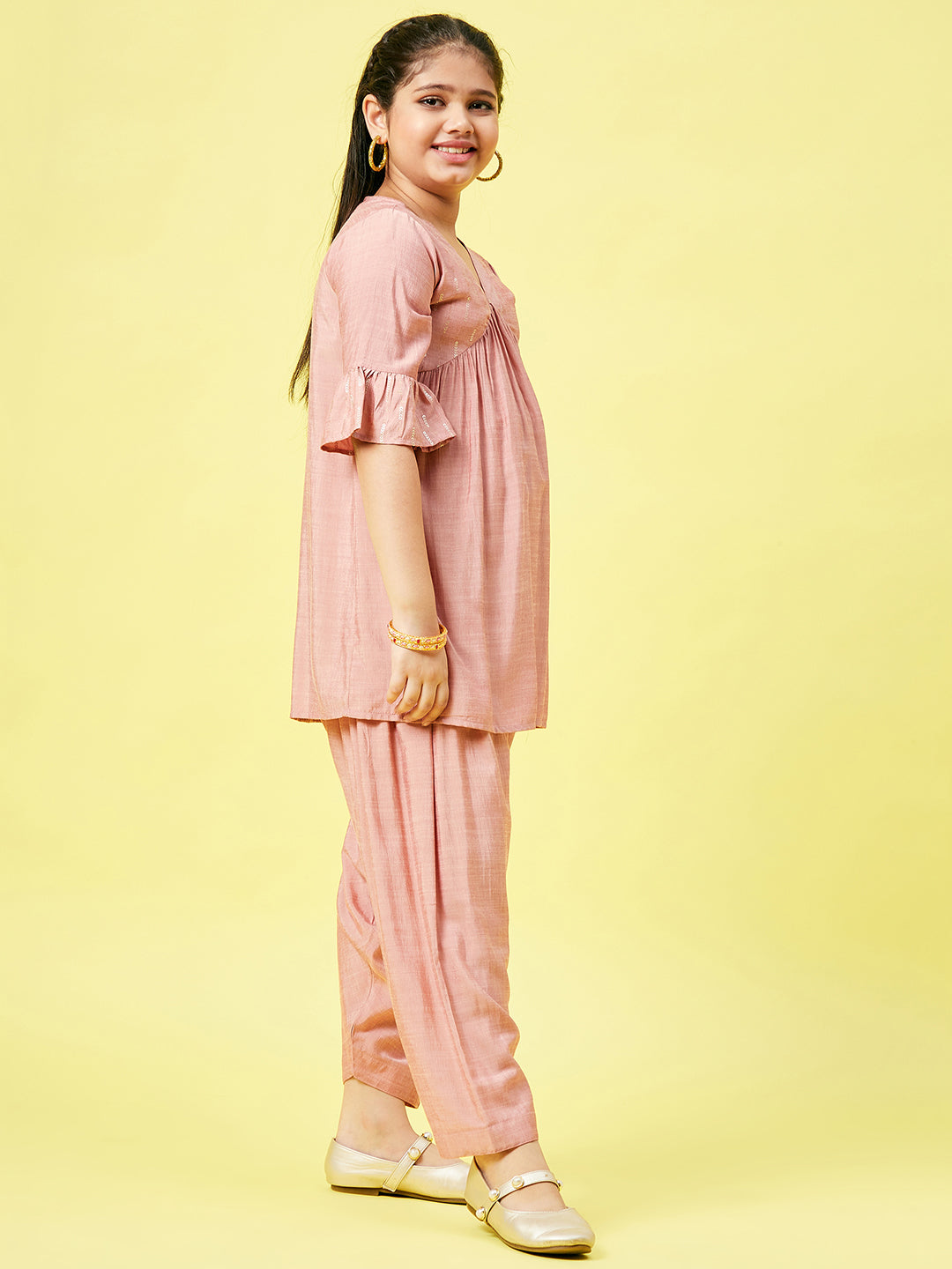 Girls Ankle Length Printed Kurti Set - Peach