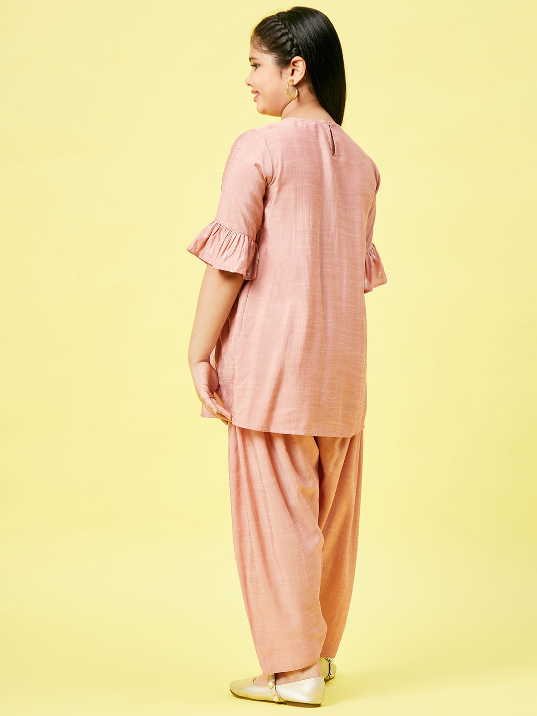 Girls Ankle Length Printed Kurti Set - Peach