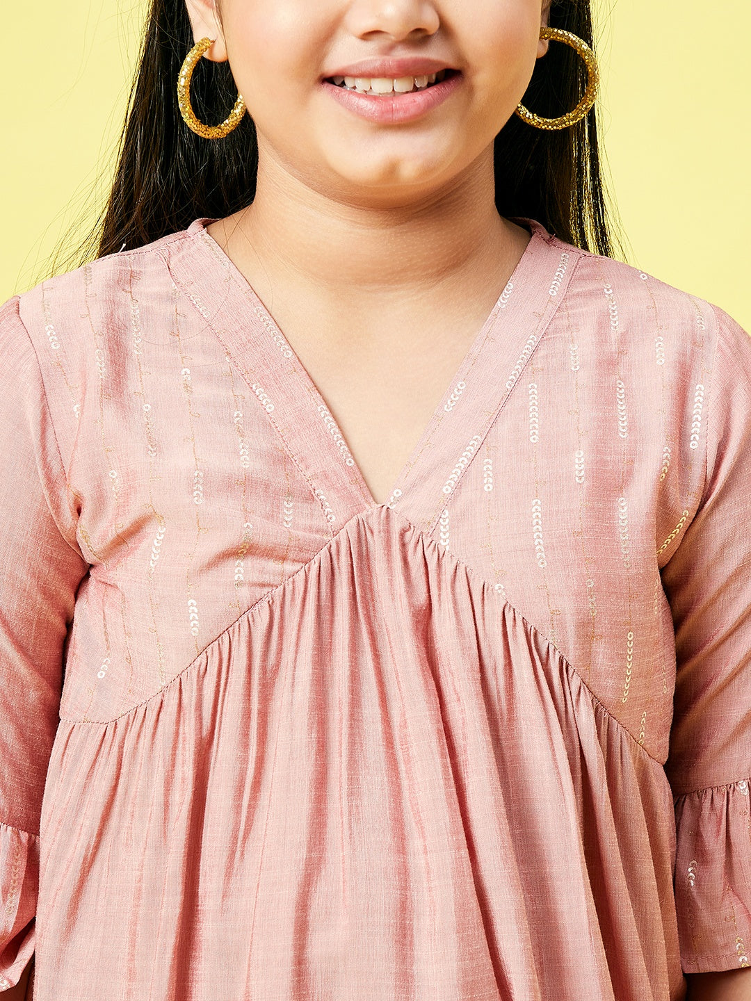 Girls Ankle Length Printed Kurti Set - Peach