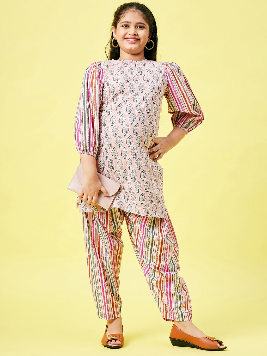 Girls Knee Length Printed Kurti Set - Pink