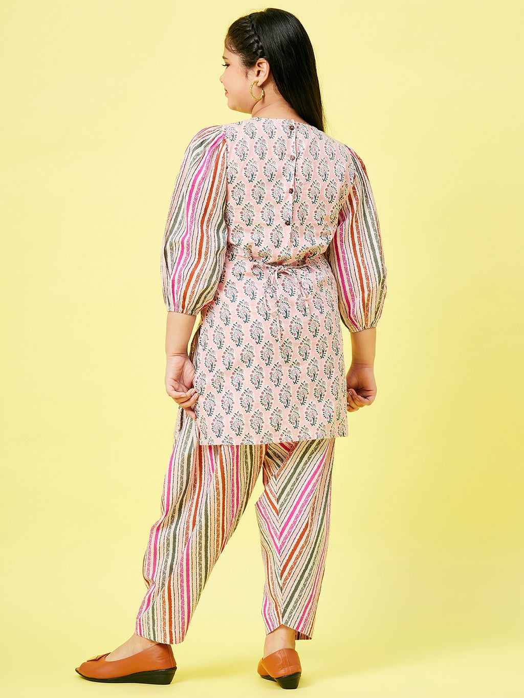 Girls Knee Length Printed Kurti Set - Pink