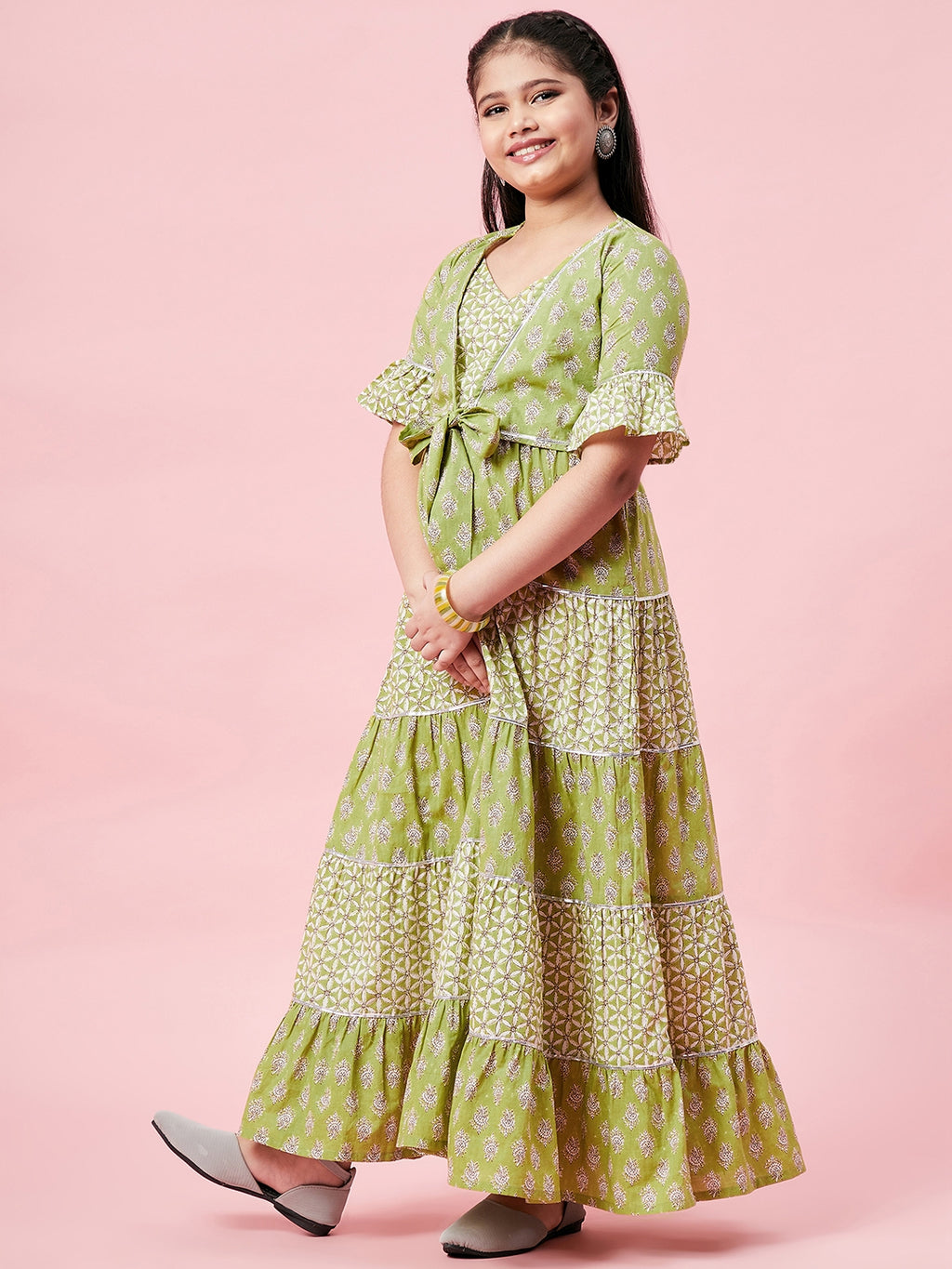Girls Ankle Length Printed Dress - Green