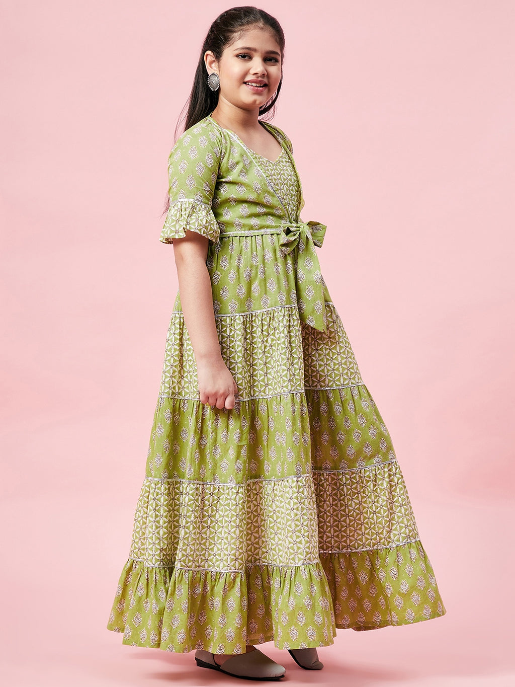 Girls Ankle Length Printed Dress - Green