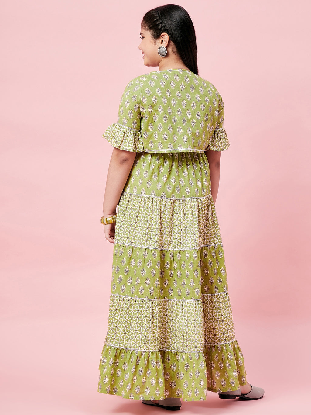 Girls Ankle Length Printed Dress - Green