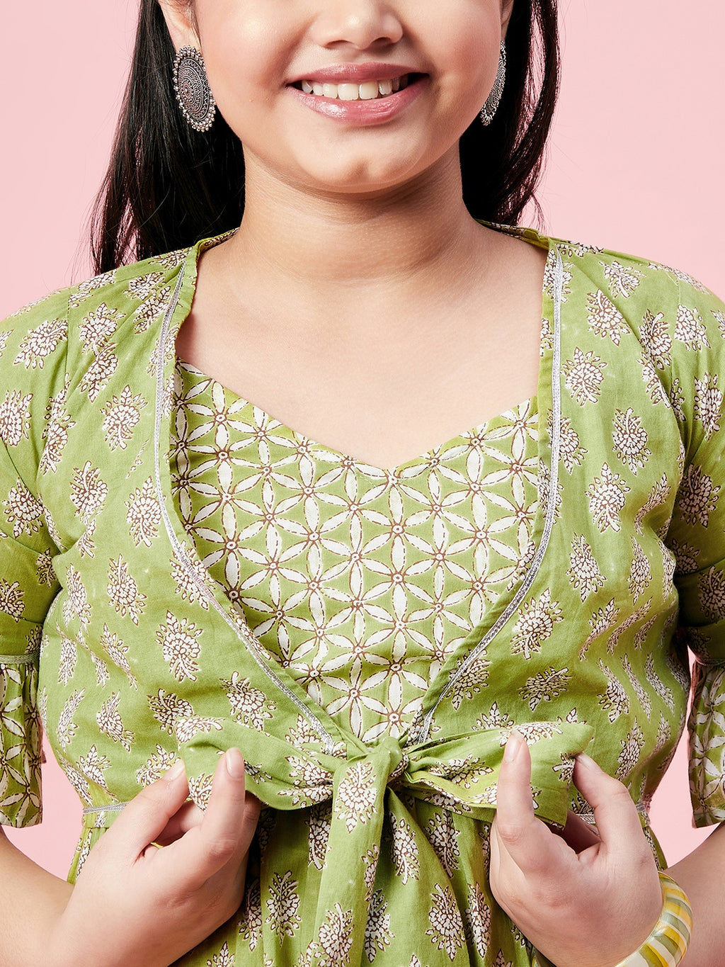 Girls Ankle Length Printed Dress - Green