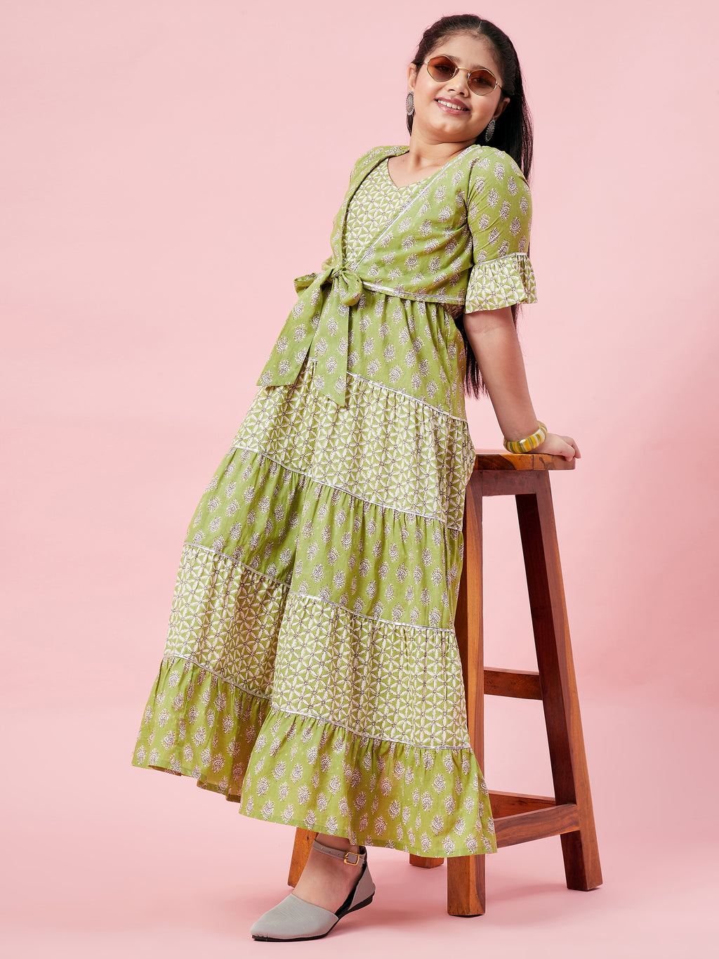 Girls Ankle Length Printed Dress - Green