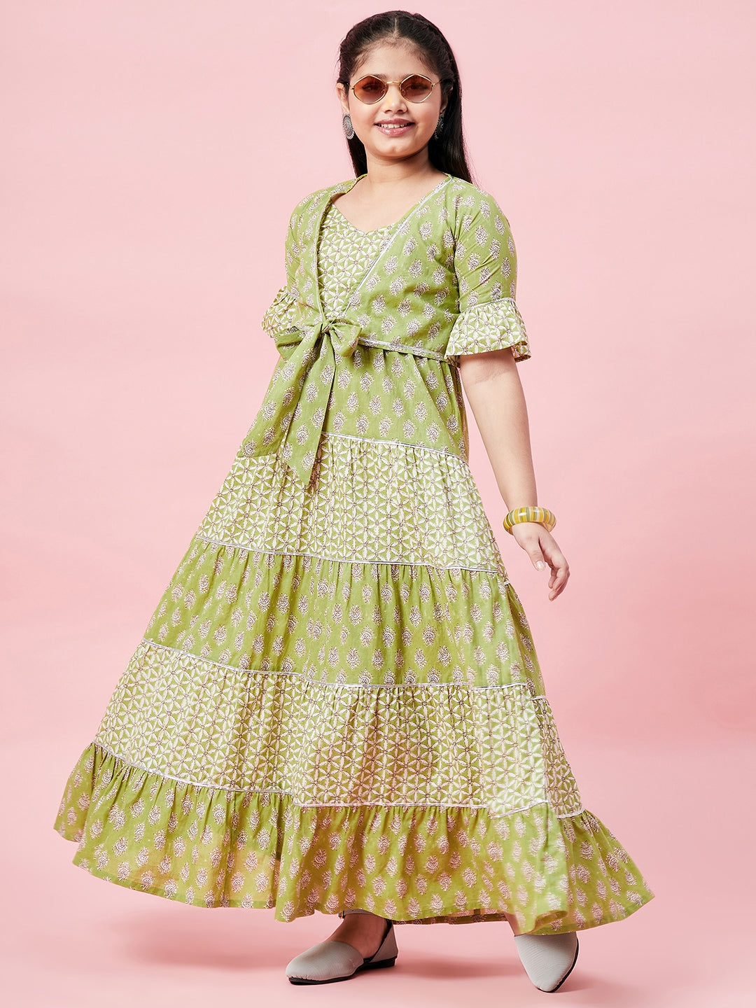 Girls Ankle Length Printed Dress - Green