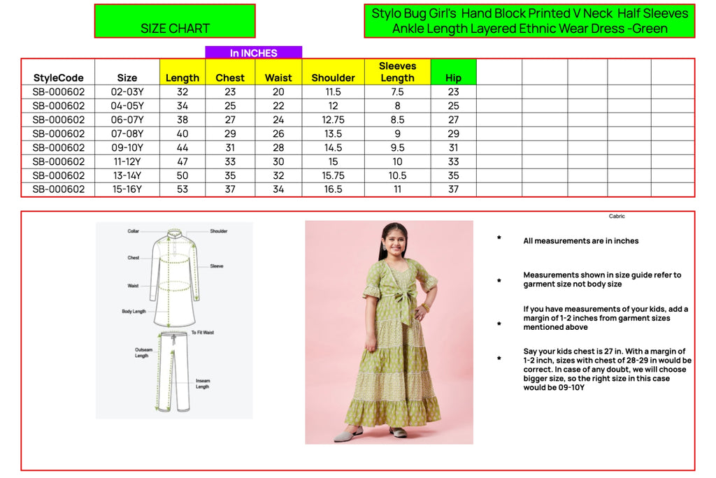 Girls Ankle Length Printed Dress - Green