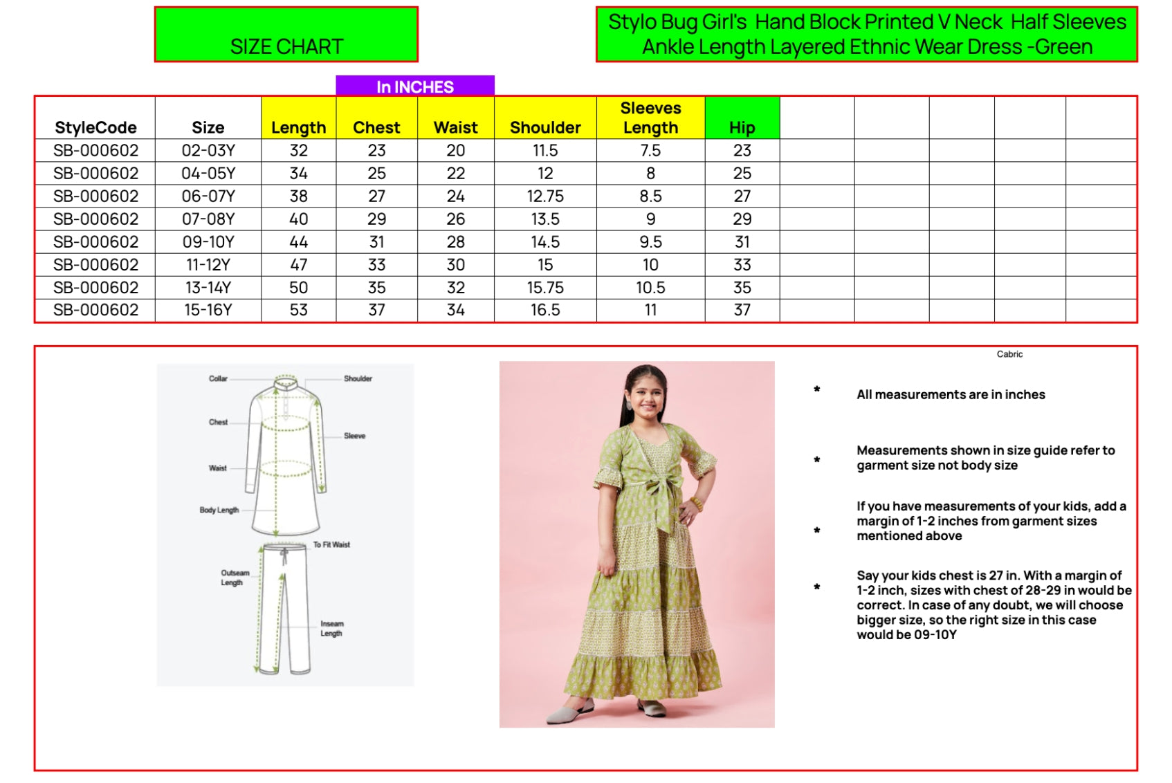 Girls Ankle Length Printed Dress - Green