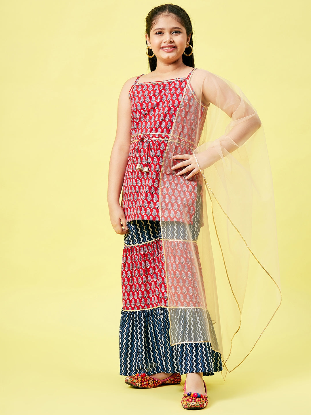 Girls Ankle Length Printed Kurti Set - Red