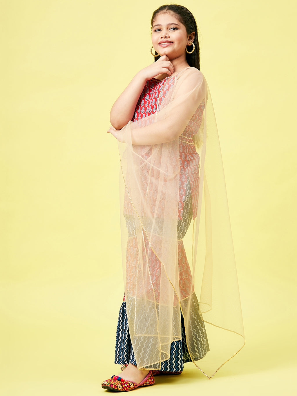 Girls Ankle Length Printed Kurti Set - Red