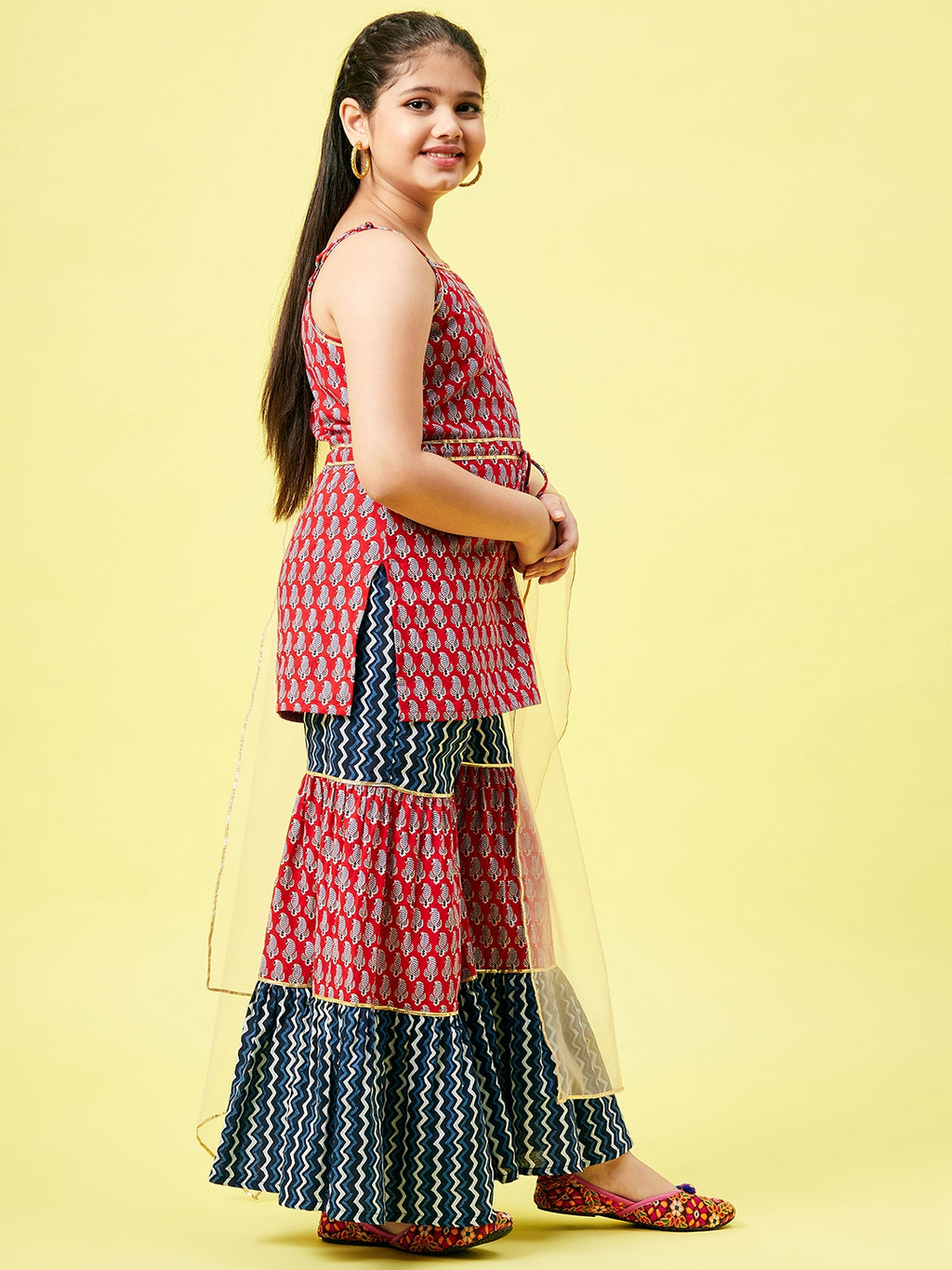 Girls Ankle Length Printed Kurti Set - Red