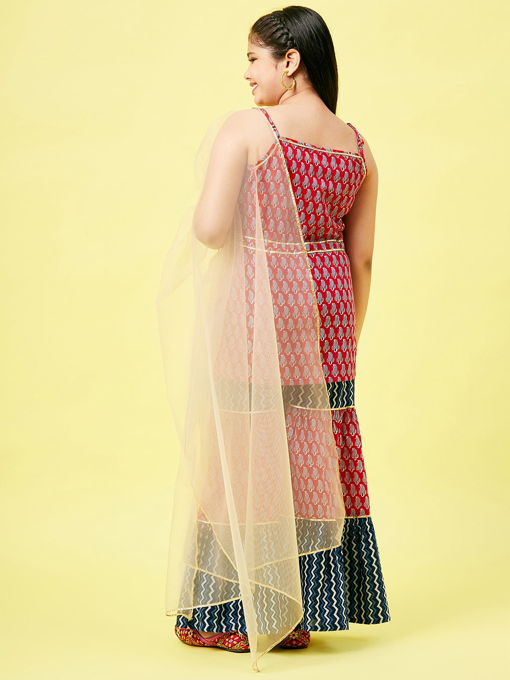 Girls Ankle Length Printed Kurti Set - Red