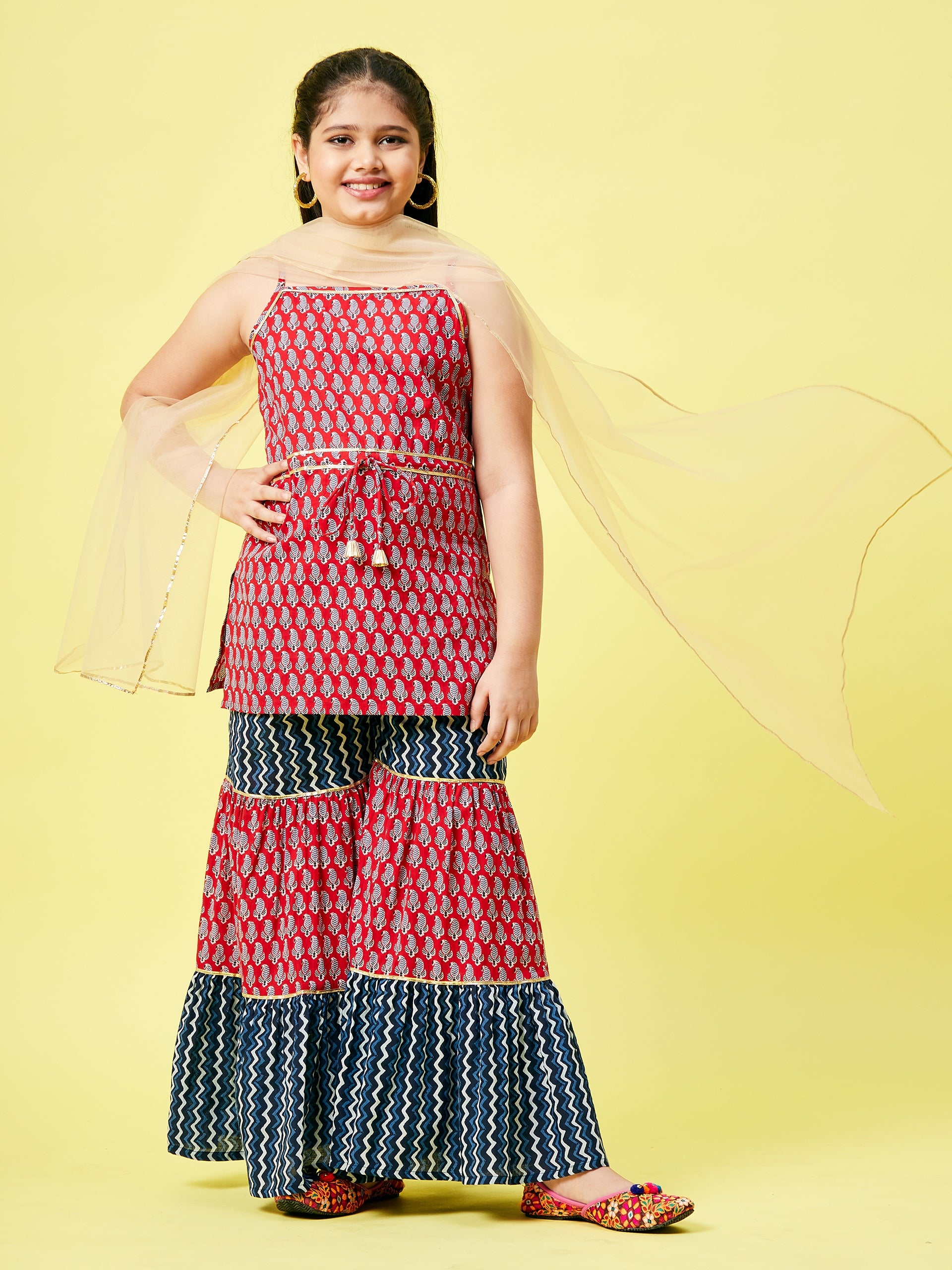 Girls Ankle Length Printed Kurti Set - Red