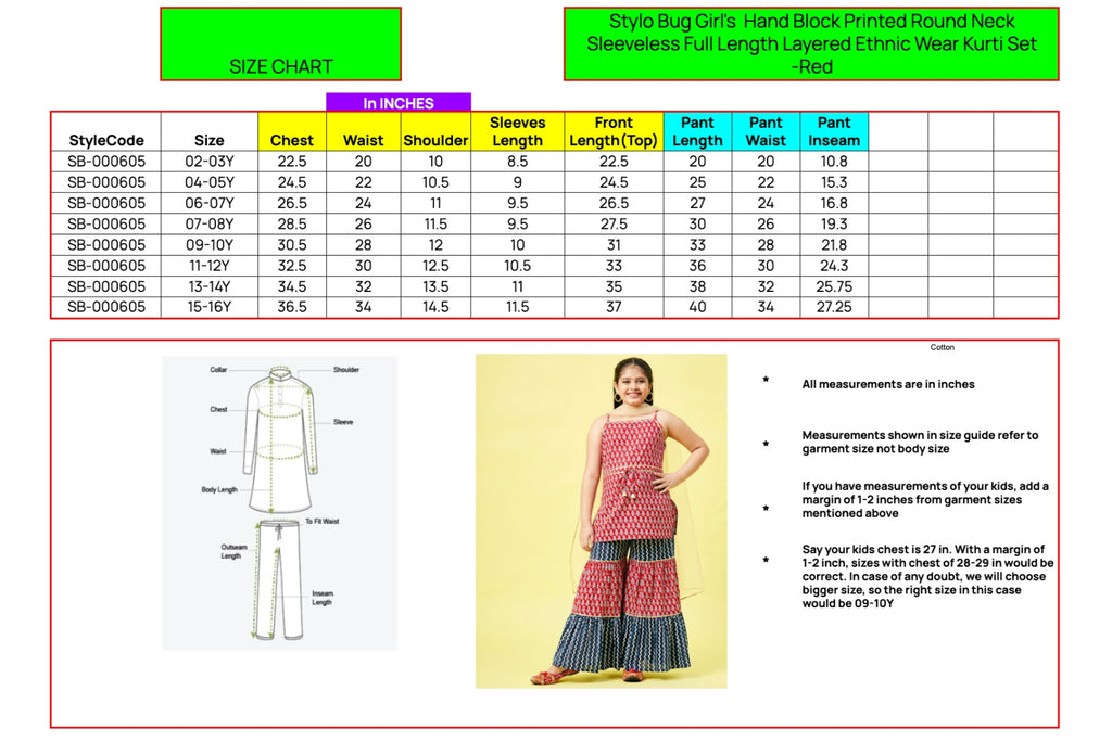 Girls Ankle Length Printed Kurti Set - Red