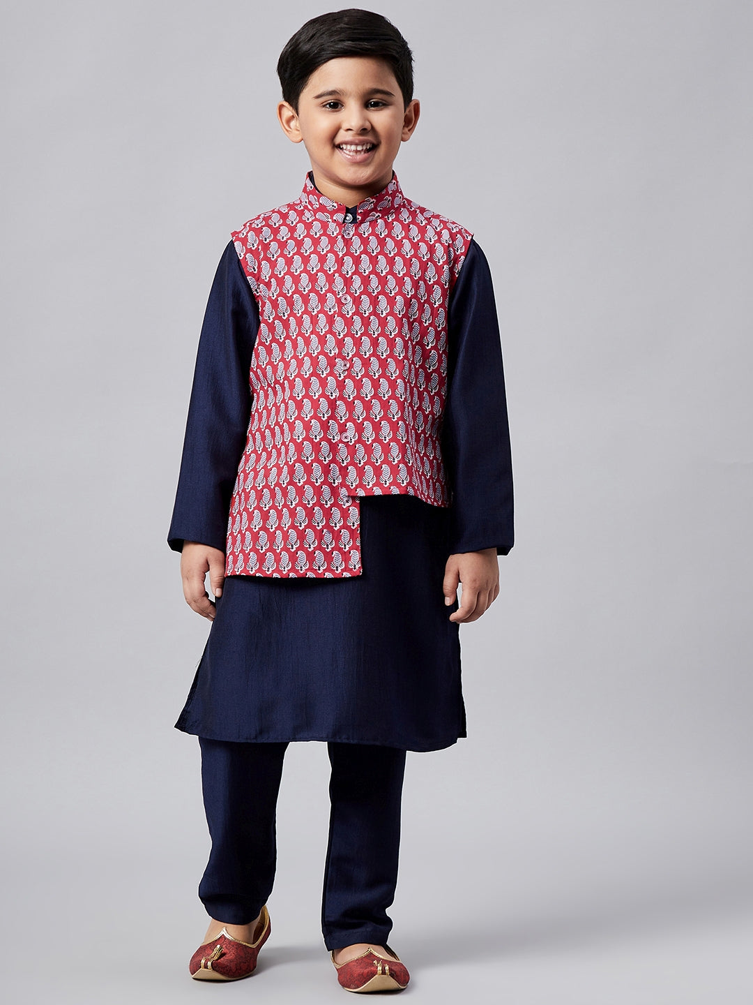 Boys Ankle Length Printed Kurta Set - Red