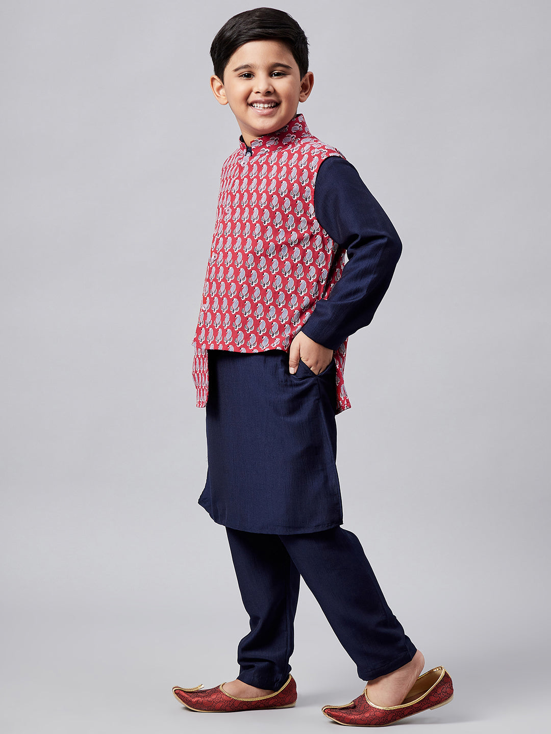 Boys Ankle Length Printed Kurta Set - Red
