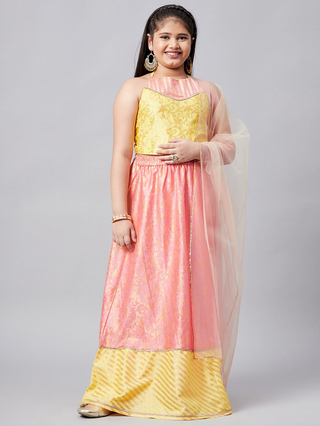 Girls Ankle Length Printed Lehenga Choli - Pink
