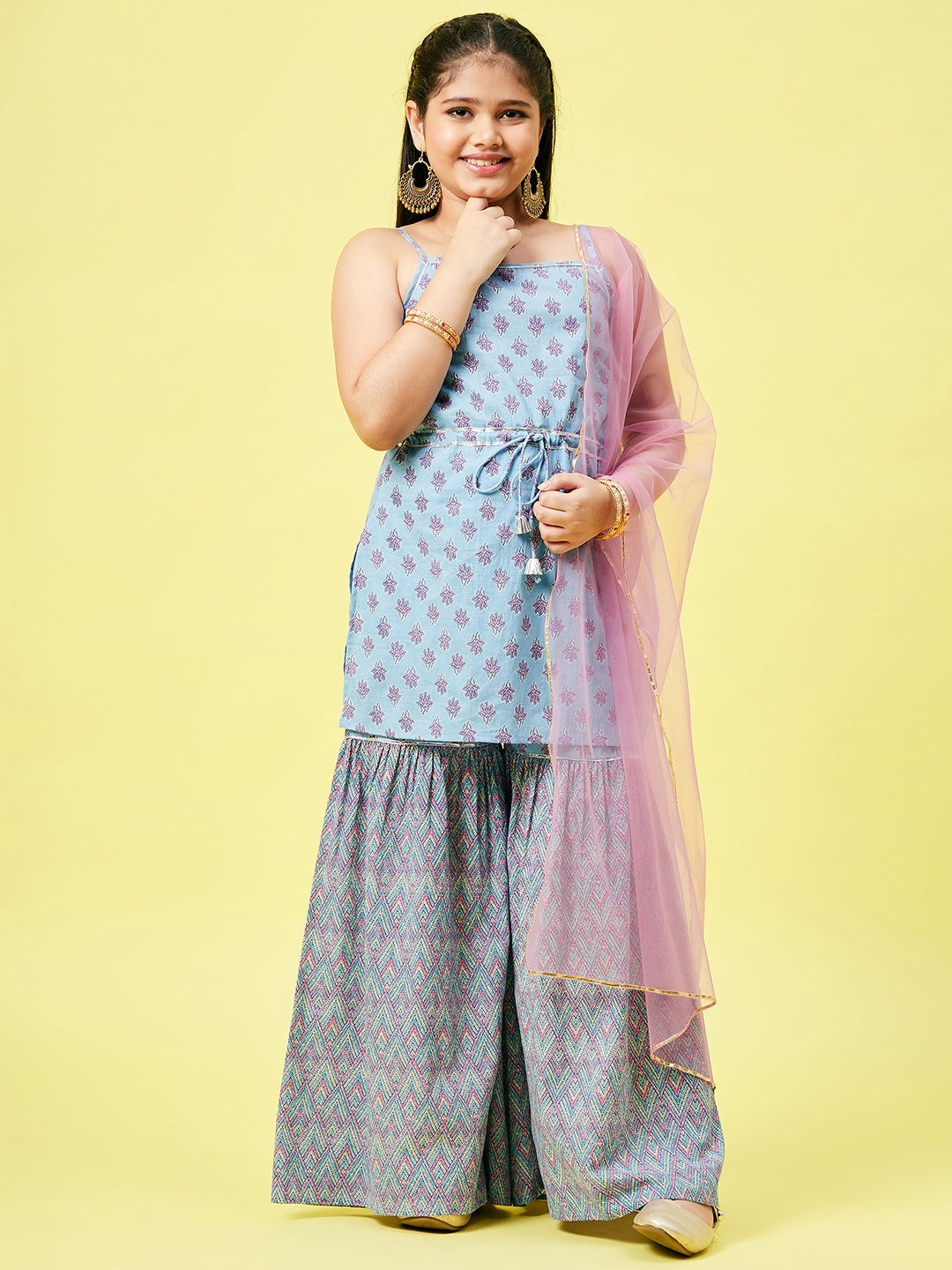 Girls Above Knee Printed Kurti Set - Blue