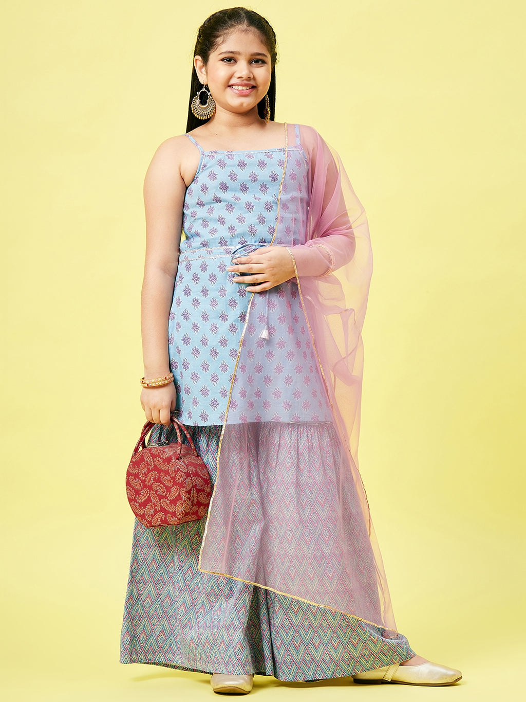 Girls Above Knee Printed Kurti Set - Blue