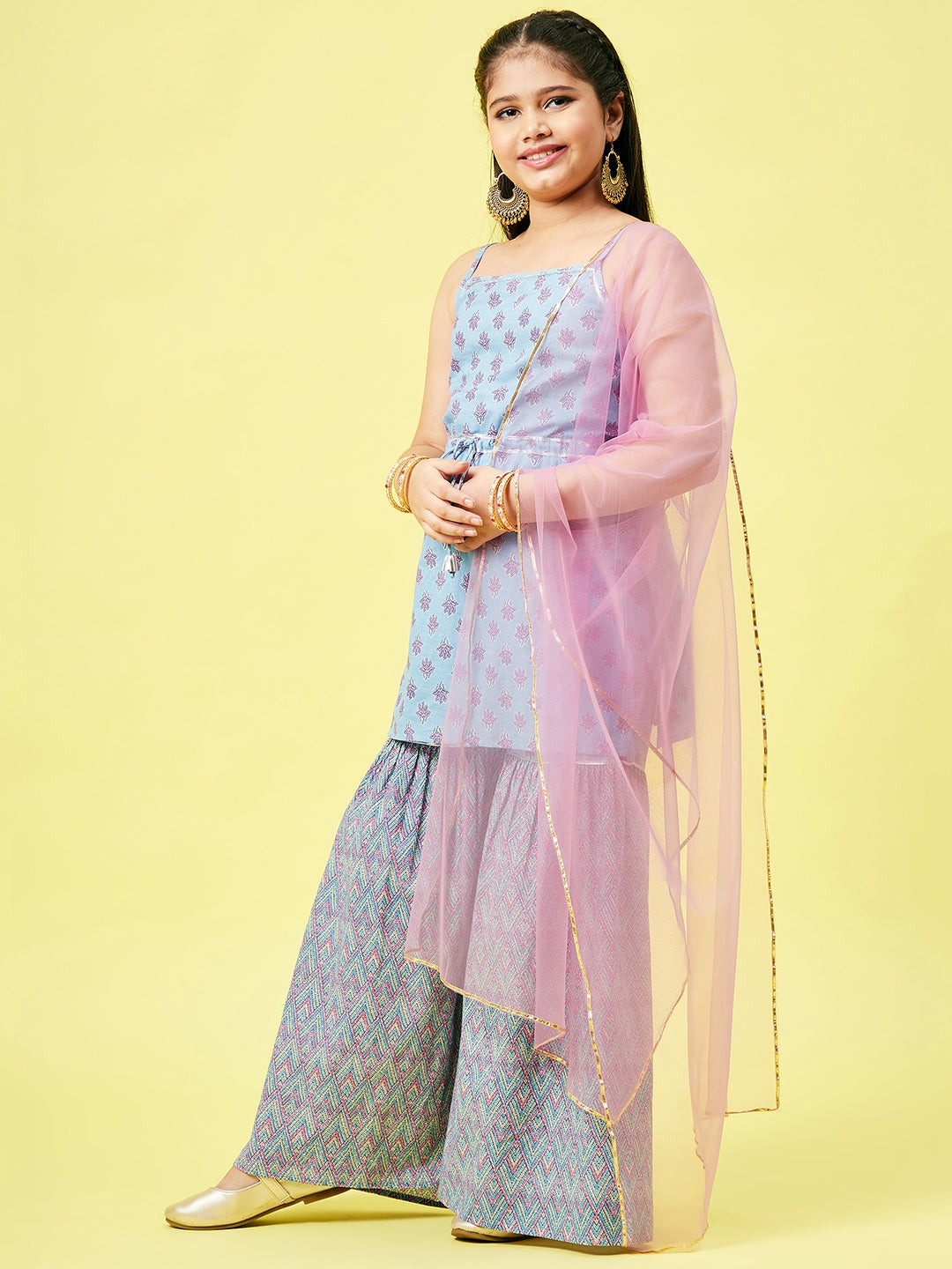 Girls Above Knee Printed Kurti Set - Blue