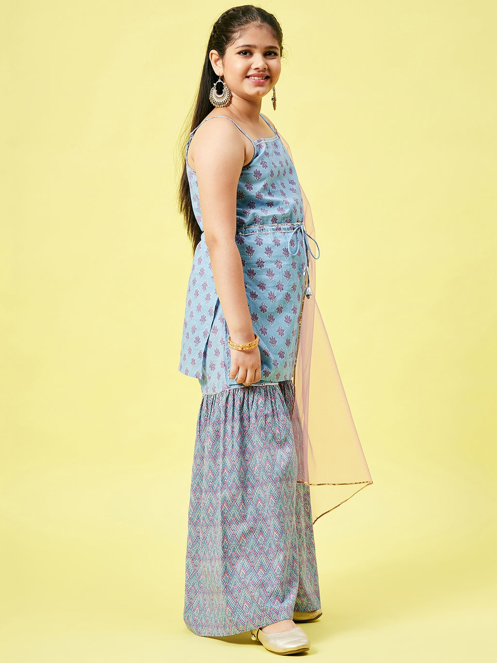 Girls Above Knee Printed Kurti Set - Blue